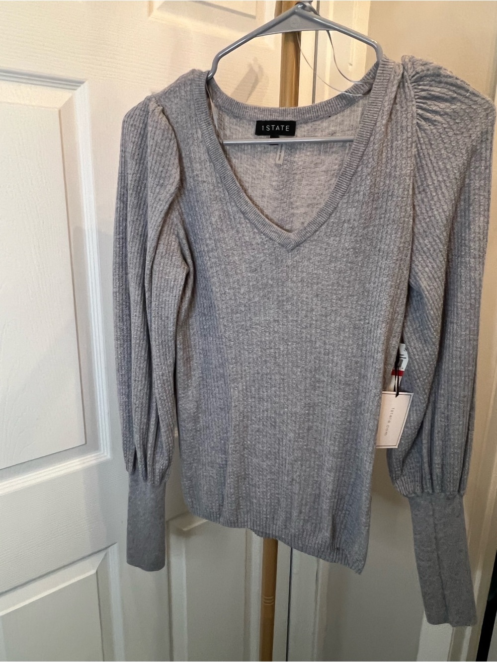 1. State Light Gray Ribbed V-Neck Long Sleeve Top with Puff Shoulders